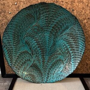 Decorative Turquoise Brown  Black hand made round Swirl Plate Turkish. Peacock